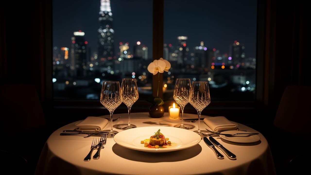 Polished marble bar at a Bangkok rooftop venue at night — single negroni on a brass coaster, skyline of Sukhumvit lit gold behind.