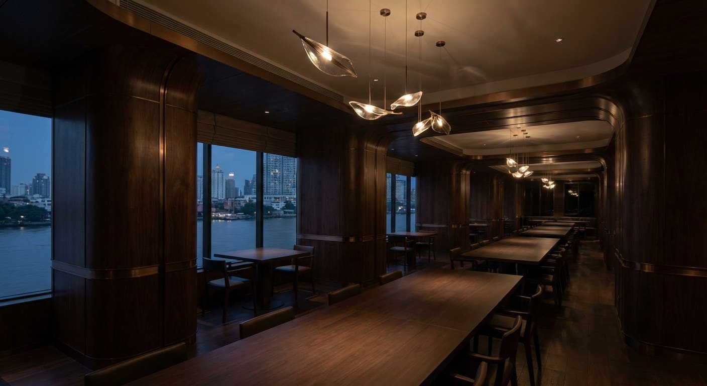 Two-Michelin-star restaurant interior — chef’s pass, white linen, single tasting menu in script on a leather folder.