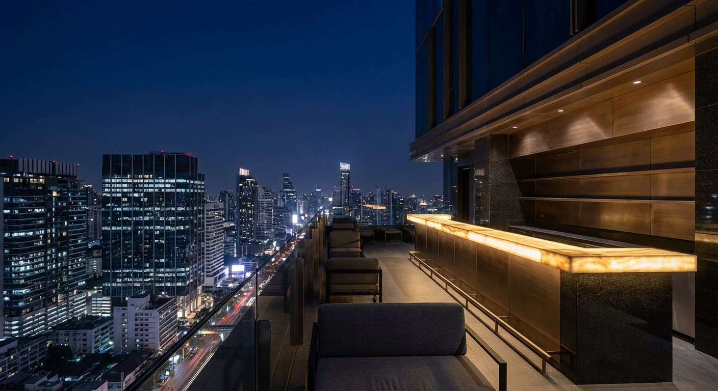 Private rooftop terrace of a Bangkok penthouse at night, lounge seating and lit bar, skyline panorama.