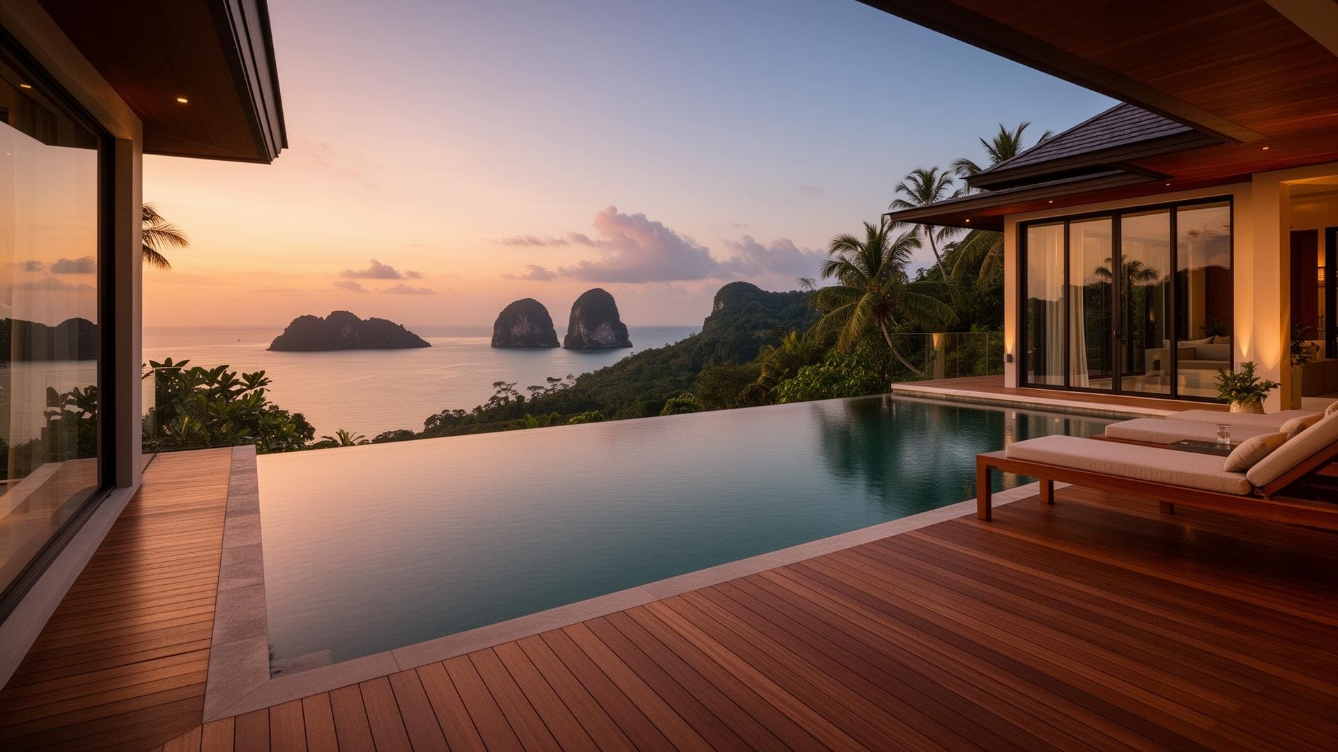Hillside Phuket villa with infinity pool overlooking the Andaman Sea and limestone karsts at golden hour.