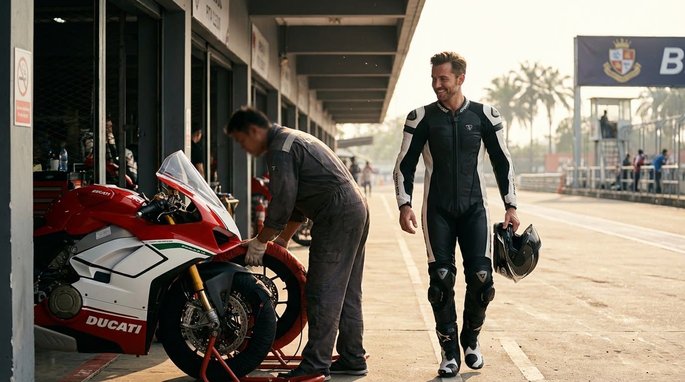 Editorial pitlane photograph at Bira International Circuit — concierge guest in clean racing leathers, helmet under arm, polished Ducati Panigale V4 in the pit garage behind him, mechanic adjusting a tire warmer in warm afternoon light.