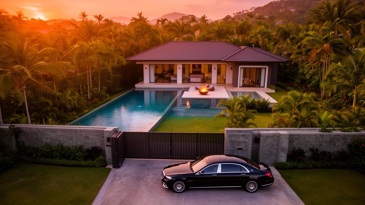 Aerial view at golden hour of a private walled pool villa in Phuket, infinity-edge lap pool, lit fire pit, no people, single black Maybach at the gated entry.
