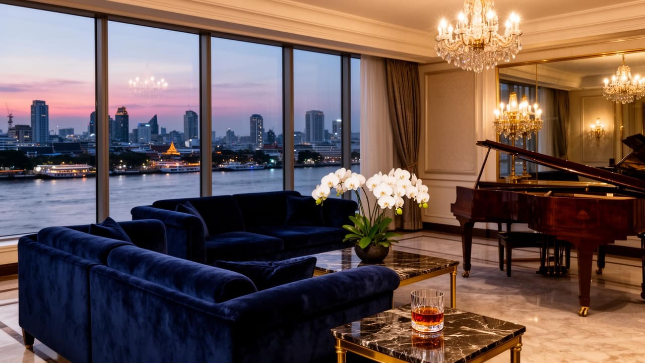 Presidential suite living room at a flagship Bangkok hotel at dusk, floor-to-ceiling windows facing the Chao Phraya river and skyline, deep navy velvet sofas, walnut grand piano, no people.