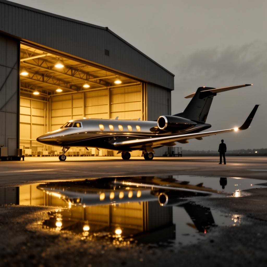 Wide profile of a Gulfstream private jet on Don Mueang VIP apron at golden hour, airstairs down.