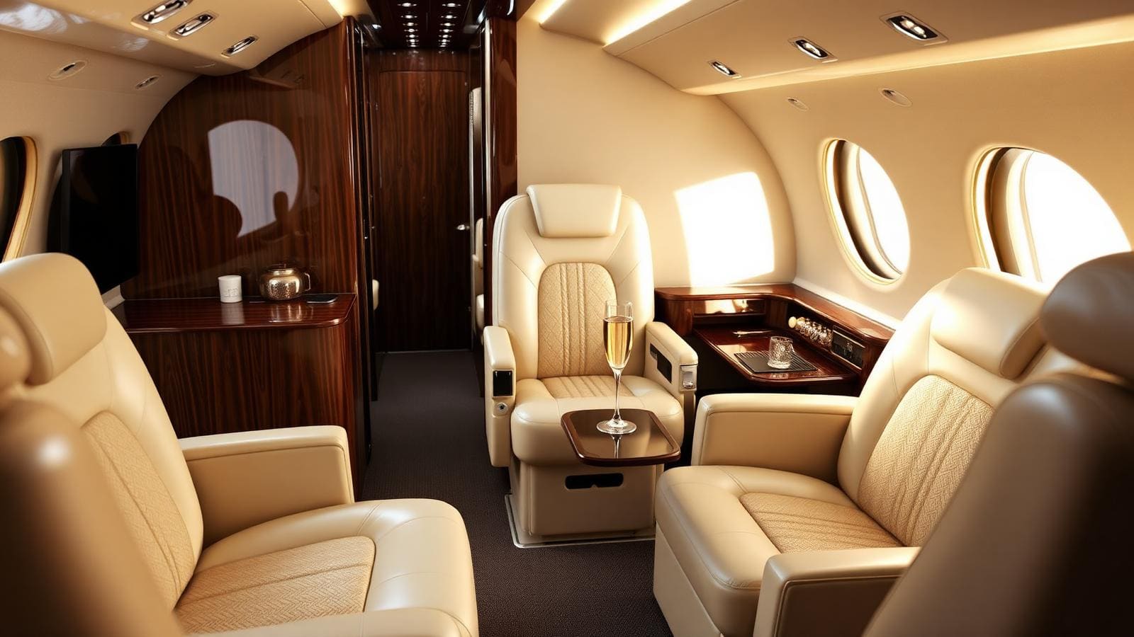 Private jet cabin interior — cream leather, polished walnut tables, single chilled bottle on a silver tray, soft amber lighting.