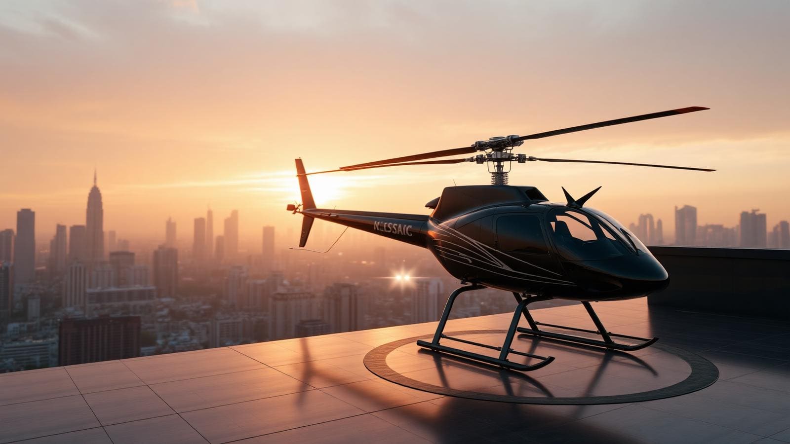 Bell 429 helicopter on a Bangkok rooftop helipad at dusk, city skyline lit beyond, single passenger boarding.