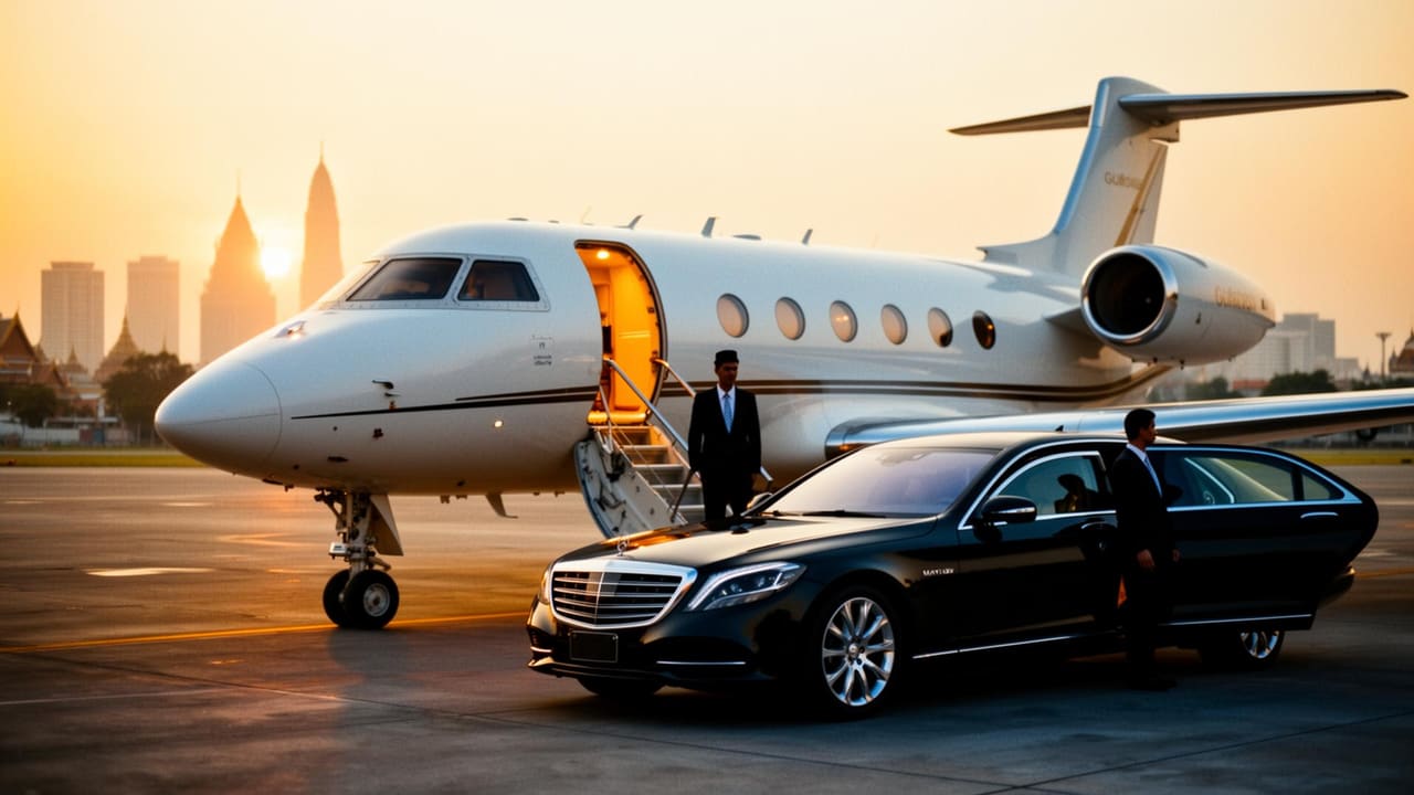 A sleek white private jet on a Bangkok tarmac at golden hour with airstairs down and warm cabin light spilling out, a black Maybach S-Class parked at the foot of the stairs.