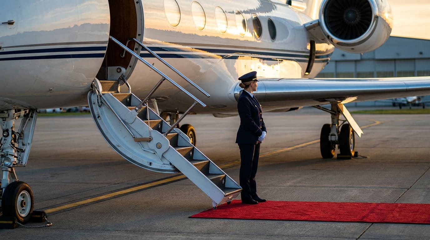 Maybach S-Class parked twelve metres from the open airstairs of a midsize jet, chauffeur and cabin steward both standing at attention.