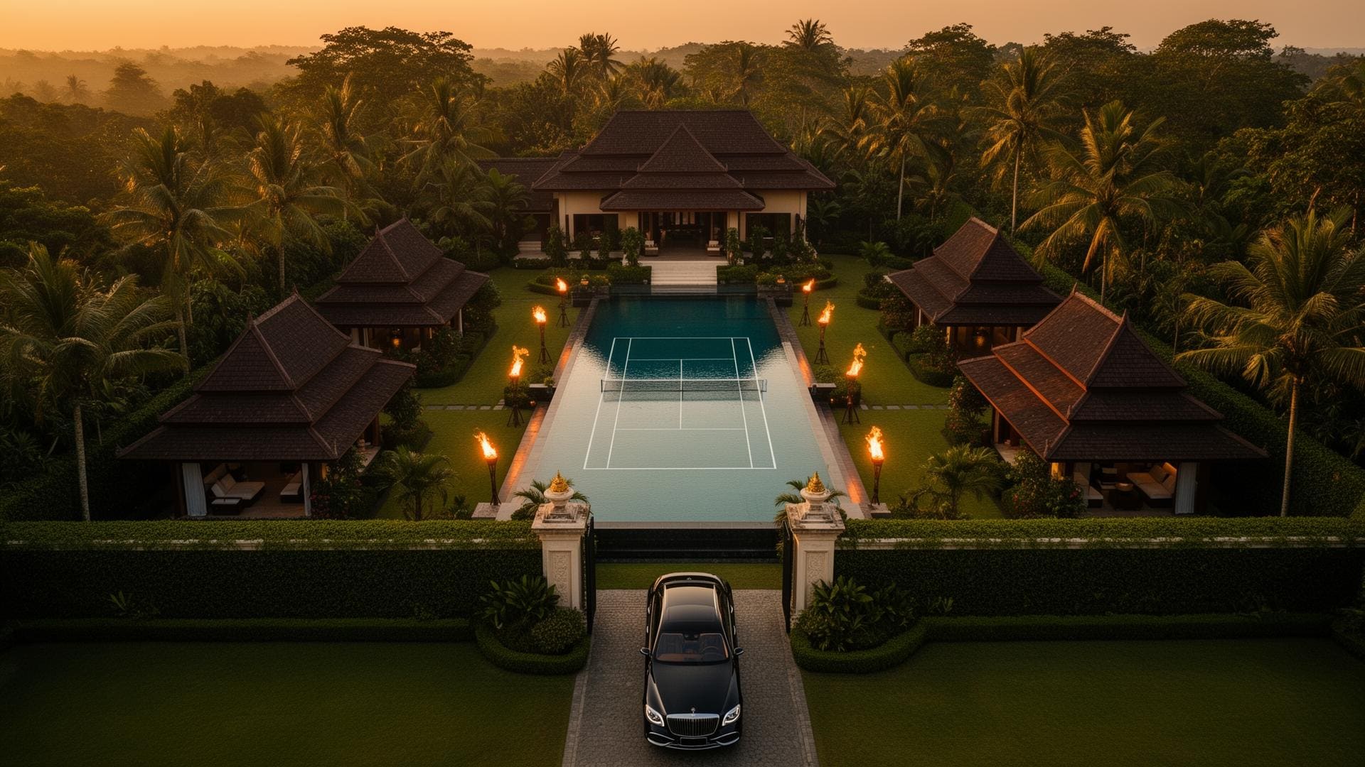 Aerial view of a sprawling Thai luxury estate compound at golden hour, walled perimeter, single Maybach at the gate.