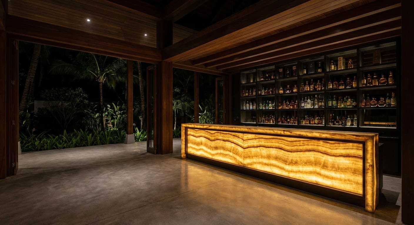 Outdoor entertainment pavilion at night — long lit marble bar, bartender mixing cocktails, fire pit and lounge seating, DJ booth in the background.