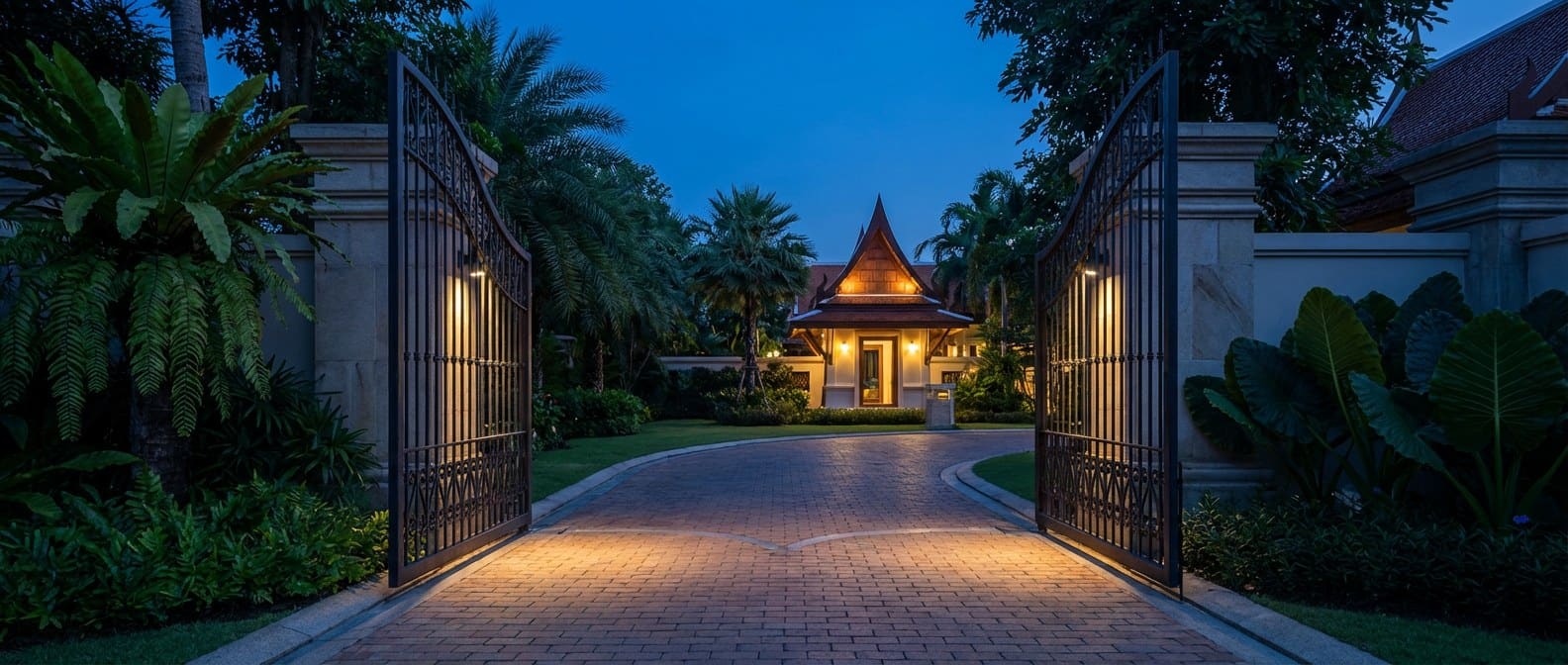 Estate gatehouse and security entry at night — wrought-iron gates, uniformed doorman back-to-camera, single black Mercedes Maybach S-Class waiting at the entry.
