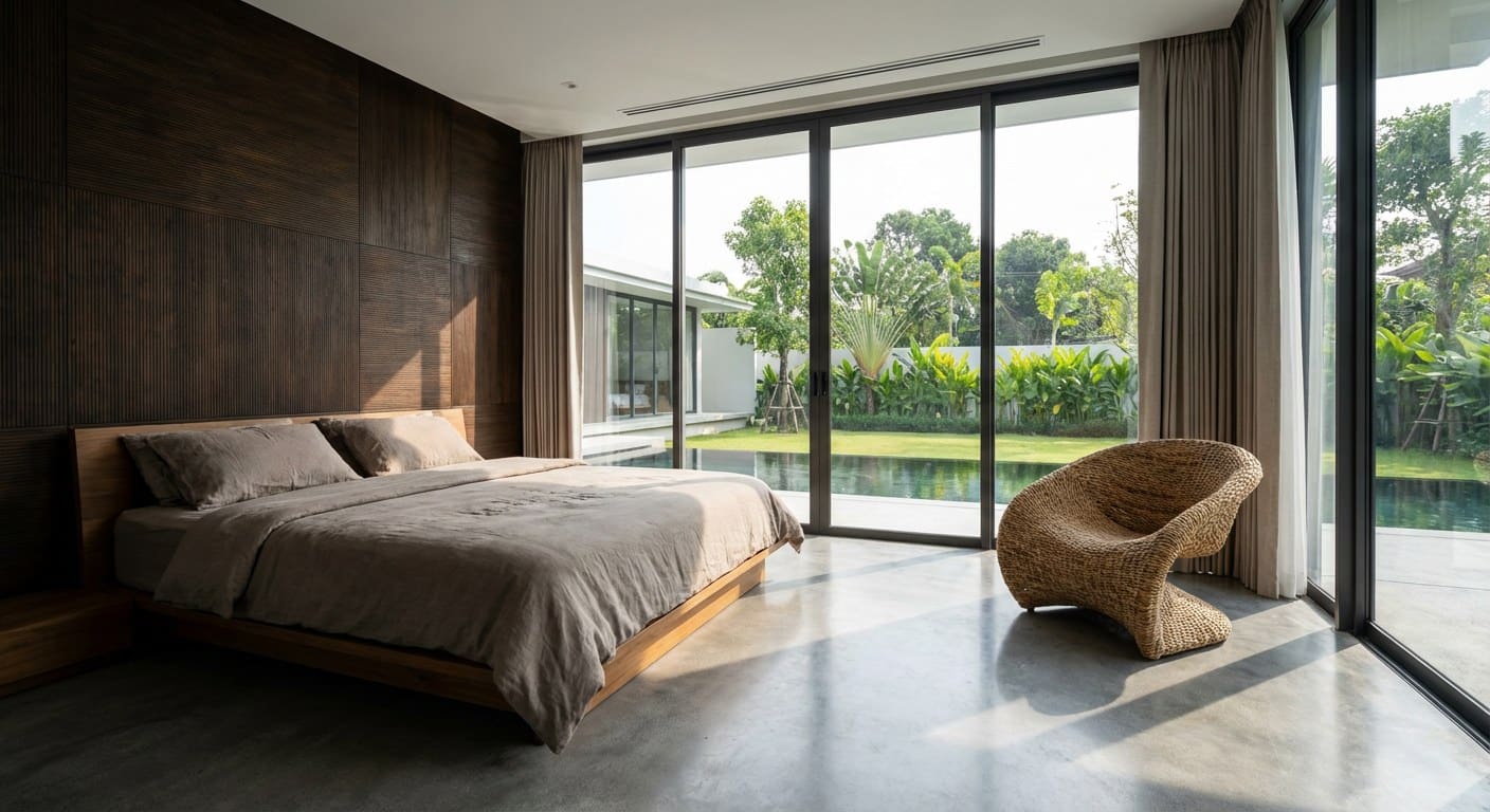 Master suite of a Thai estate villa — king bed in white linens, dark teak floors, balcony opening to the infinity pool, fresh orchids and a single rocks glass of whisky.
