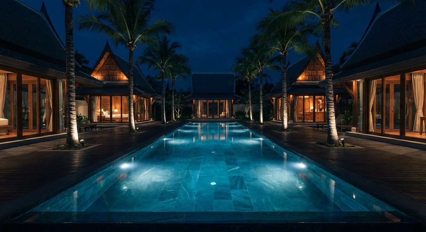 A 25-metre lit pool at a Thai luxury estate at night, two chilled bottles of Dom Pérignon on a teak day-bed, no people.