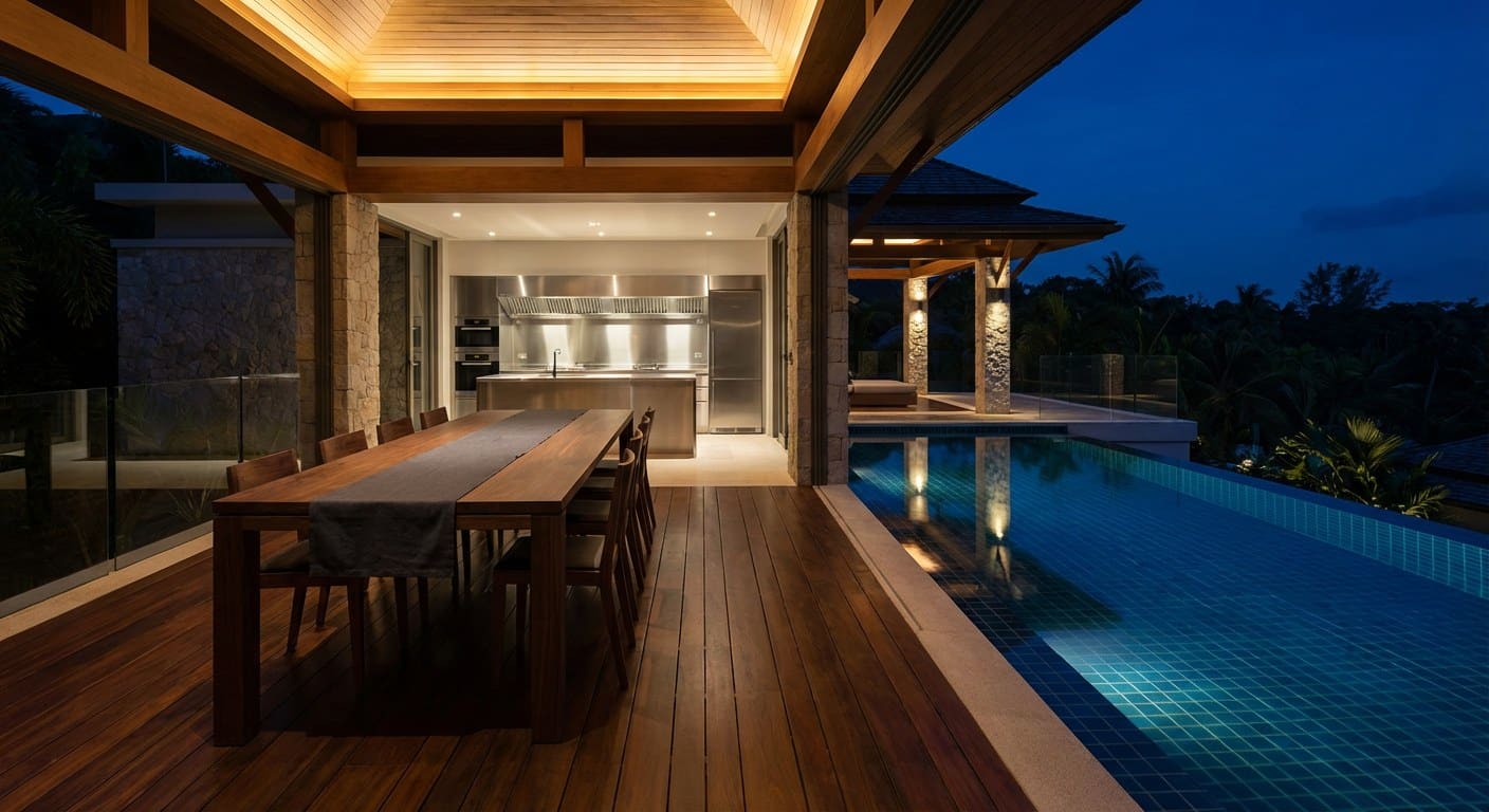 A 14-seat dining table set on a covered teak terrace at dusk, five chefs in pressed whites plating in the open kitchen behind.