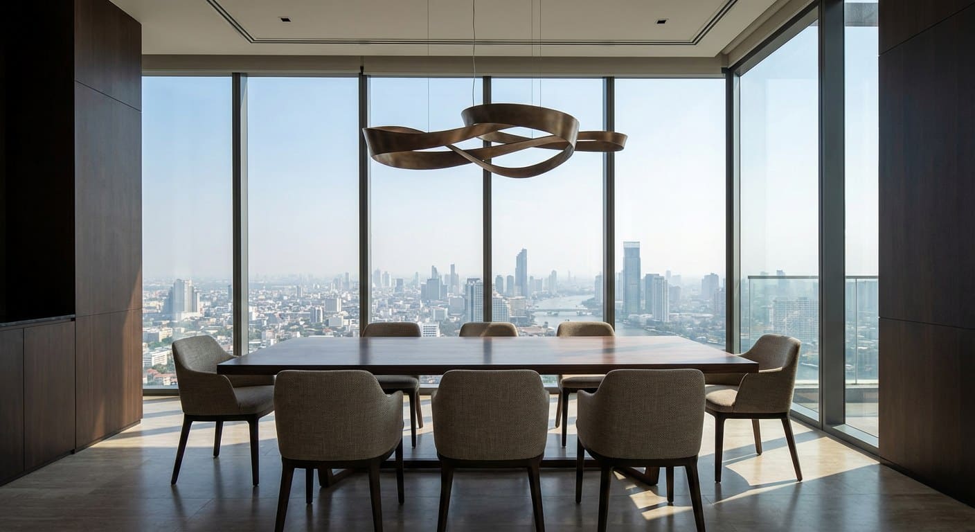 Penthouse dining and bar area, dark walnut table set for ten, skyline framed in the window.