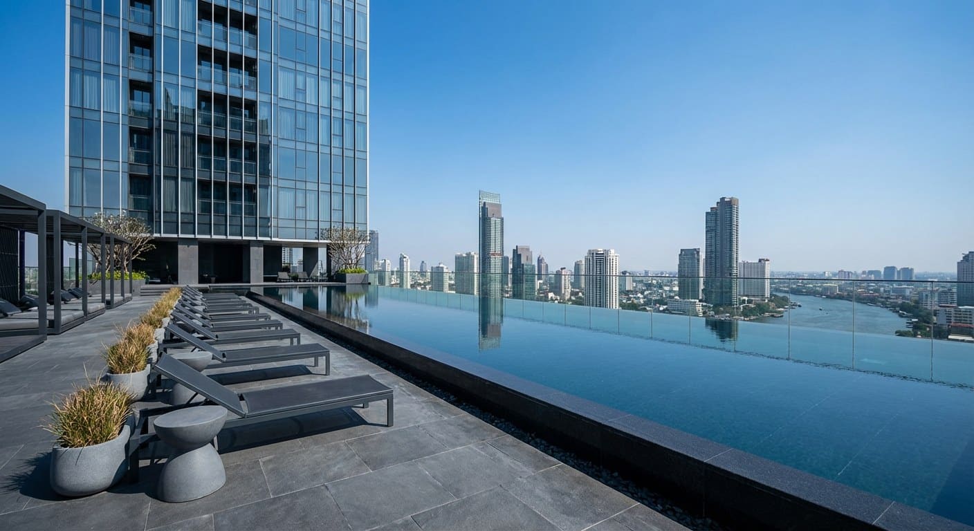 Private rooftop infinity pool of a Bangkok penthouse at twilight, entire Sukhumvit skyline visible beyond the edge.