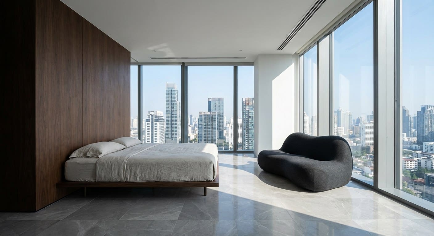 Master bedroom of a sky penthouse, king bed in dark linens, balcony opening directly onto the city skyline.