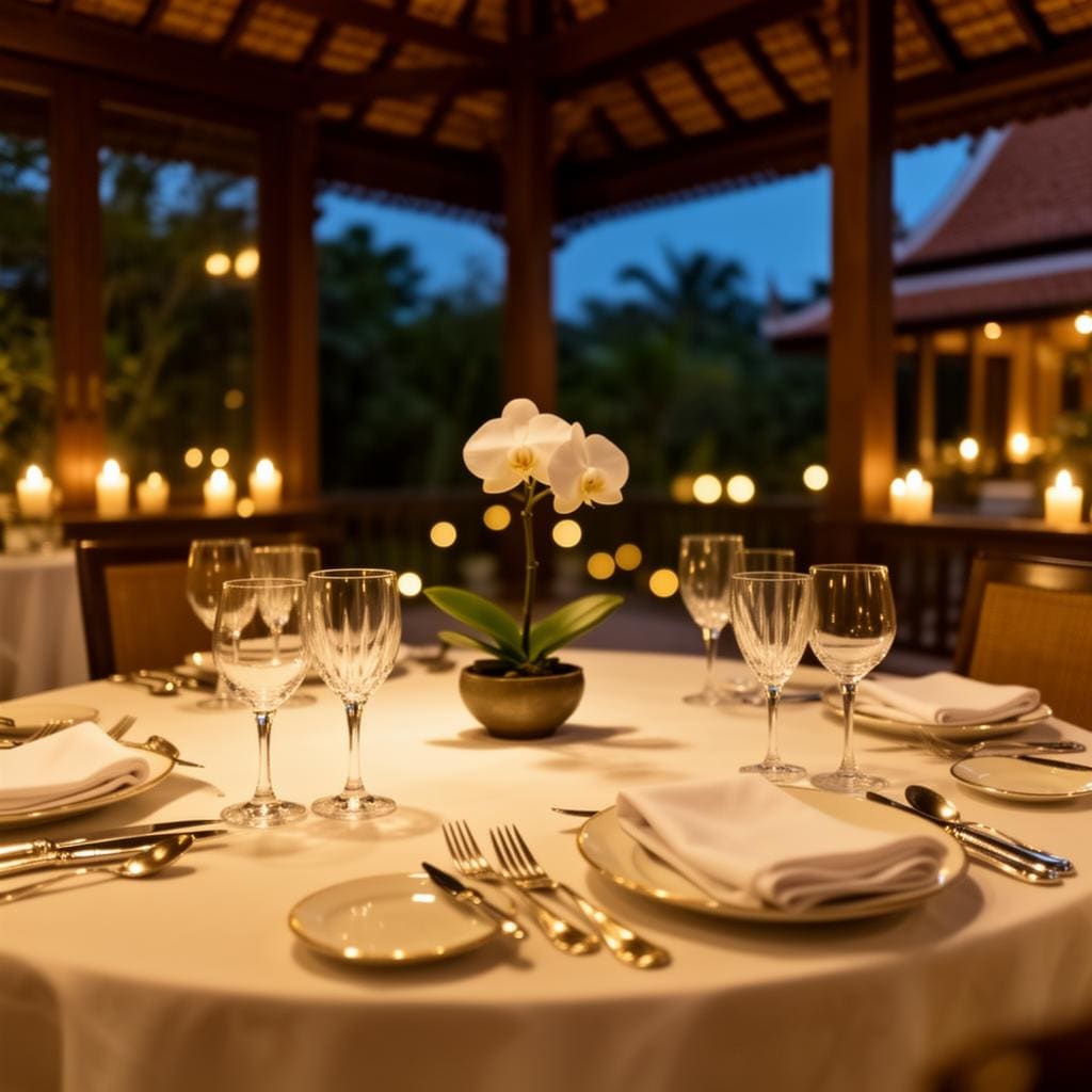 Wide shot of a private chef and butler working in unison in a Phuket villa kitchen at golden hour, copper pans behind.
