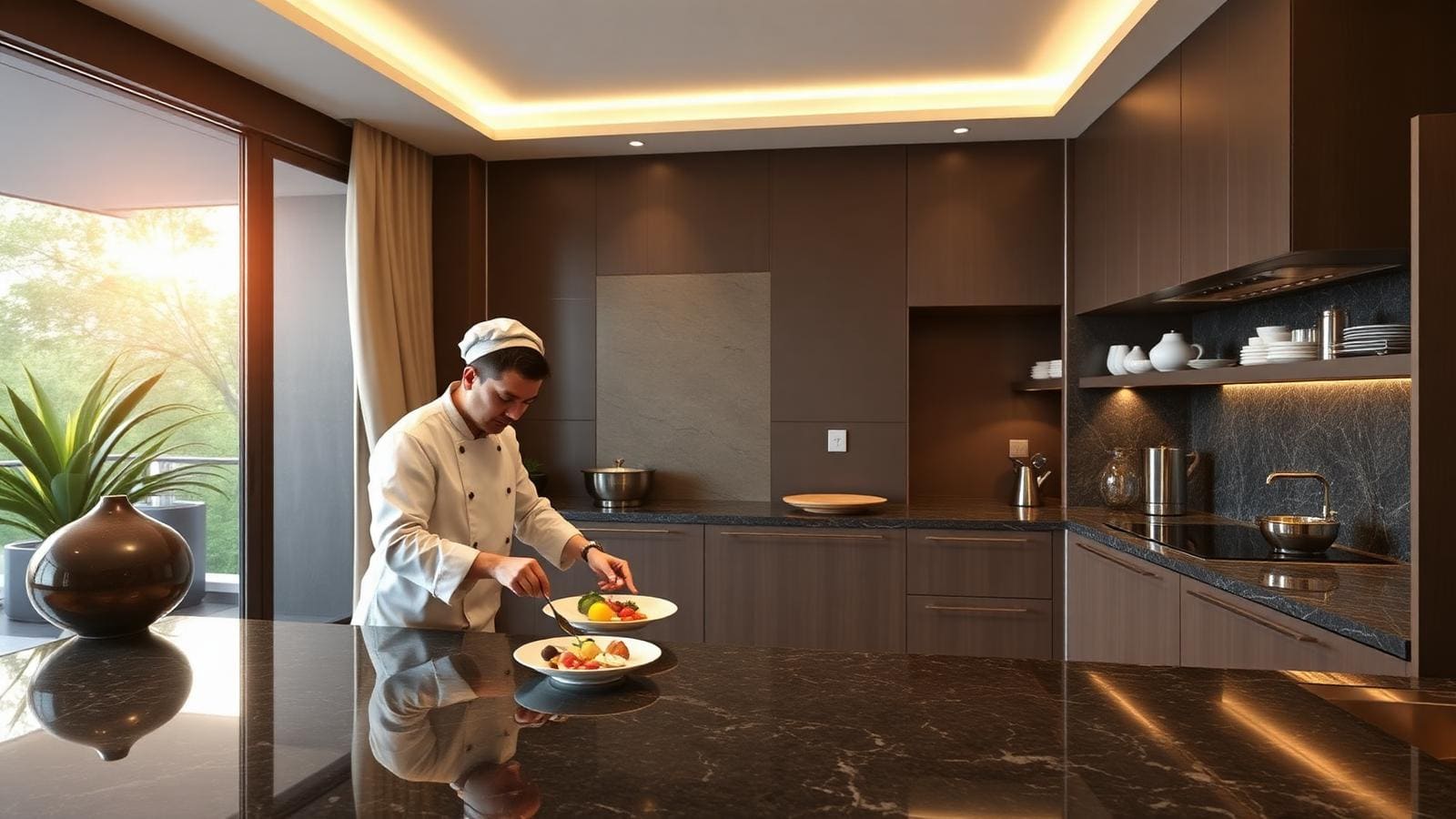 Private chef plating a Michelin-grade tasting course on a polished teak counter, hands precise, single ingredient on the board.