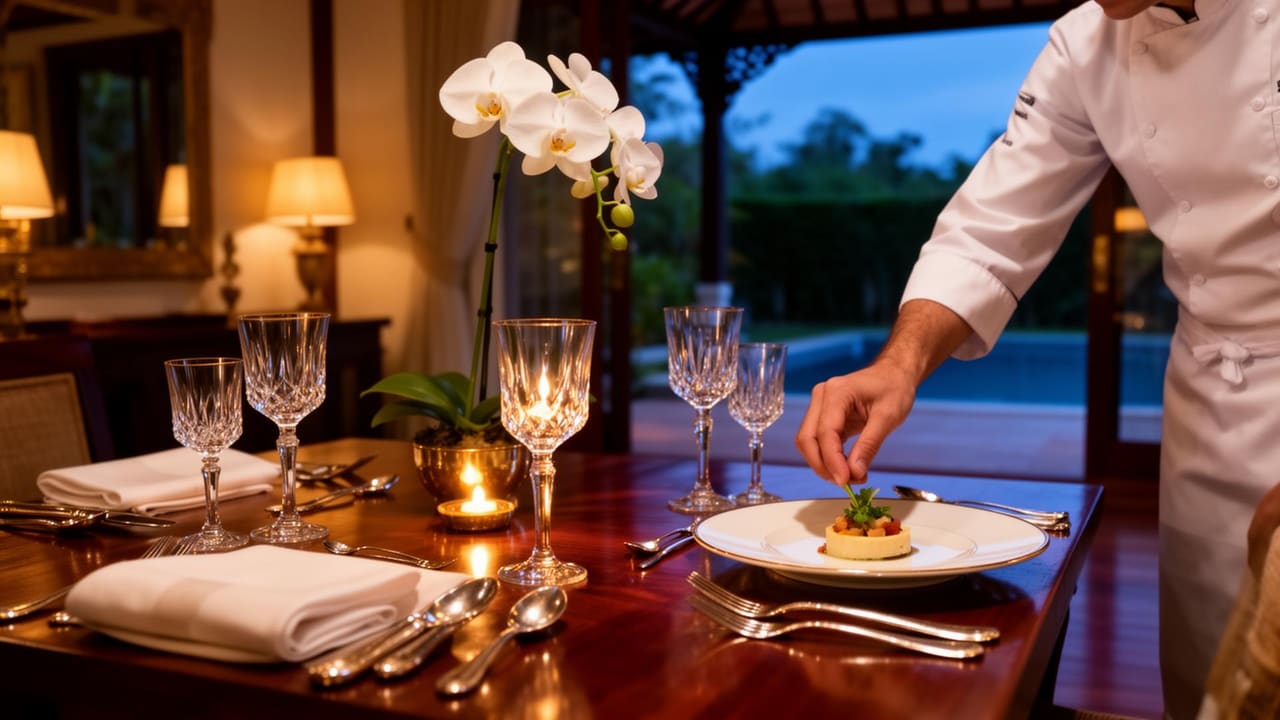 A private chef plating a tasting course on a polished teak counter in a Phuket villa kitchen at golden hour, copper pans behind.