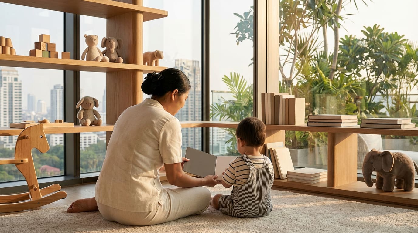 Professional nanny in white uniform reading to a small child on a sun-dappled villa terrace, pool blurred beyond.