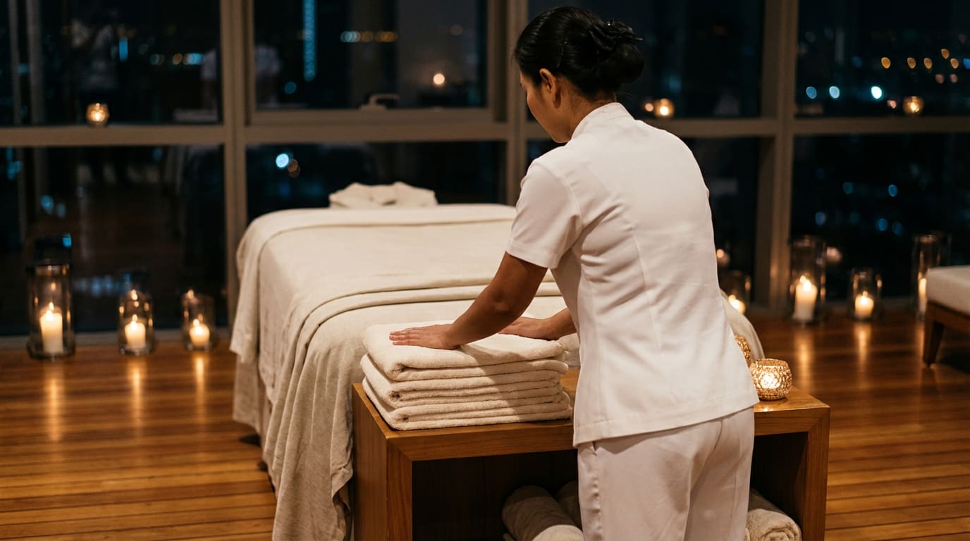In-villa spa therapist setting up a treatment table on a teak deck overlooking the Andaman, white linens and frangipani.