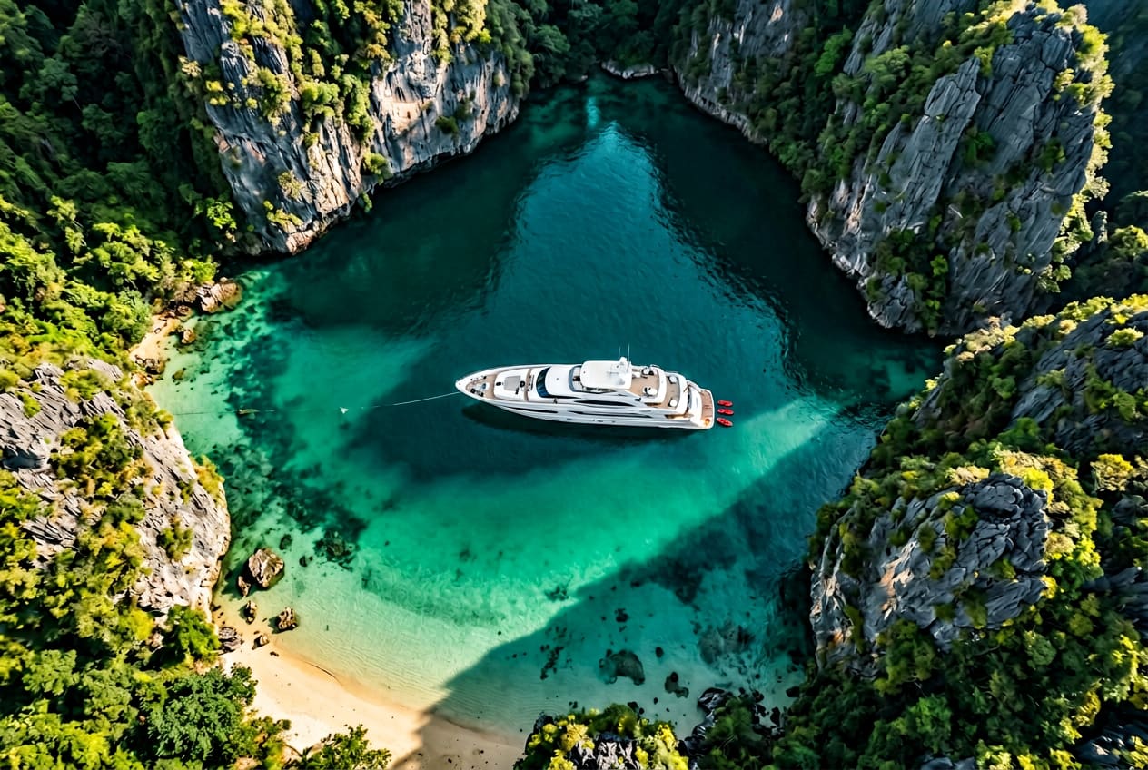 Top-down drone view of an 80-foot white motor yacht anchored alone in an emerald lagoon enclosed by limestone karst cliffs in Phang Nga Bay, sea-bobs at the swim platform.