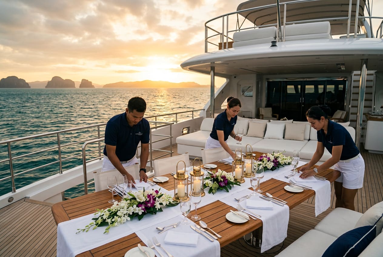 Aft deck of a luxury motor yacht set for twelve at golden hour — long teak table, white linen, low orchid arrangements, brass hurricane lanterns, three crew laying the final settings.