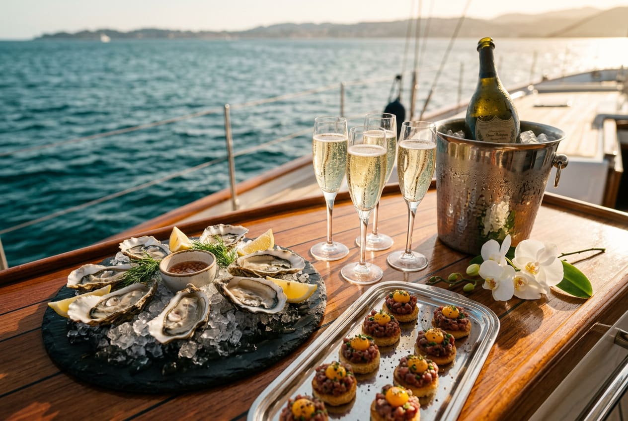 Overhead detail of yacht canapé service on a polished teak side bar — slate platter of fresh oysters on ice, silver tray of beef tartare on brioche, three crystal champagne flutes, ice bucket with chilled bottle.