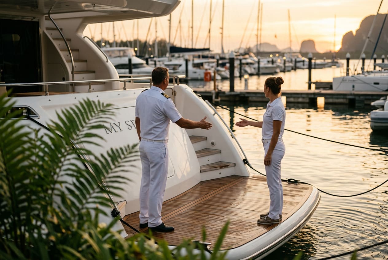 A captain in pressed naval whites and a chief stewardess in white polo standing on the swim platform of a moored yacht at Royal Phuket Marina at dusk, hands extended to greet arriving guests.