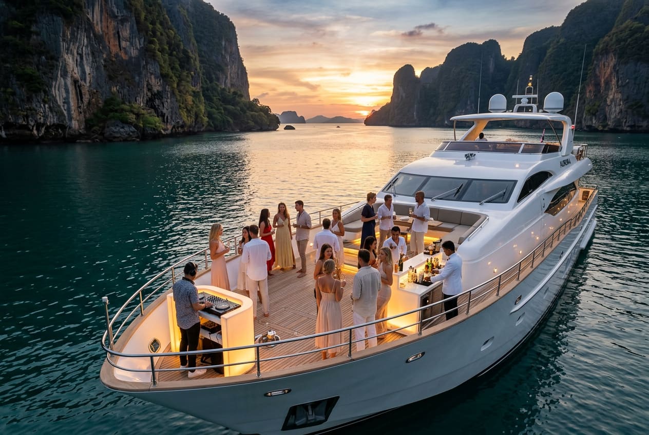 An 80-foot white motor yacht anchored in a hidden Phuket bay surrounded by limestone karst cliffs at golden hour, twelve guests in cocktail attire on the foredeck, a DJ at the bow, the Andaman in deep teal.