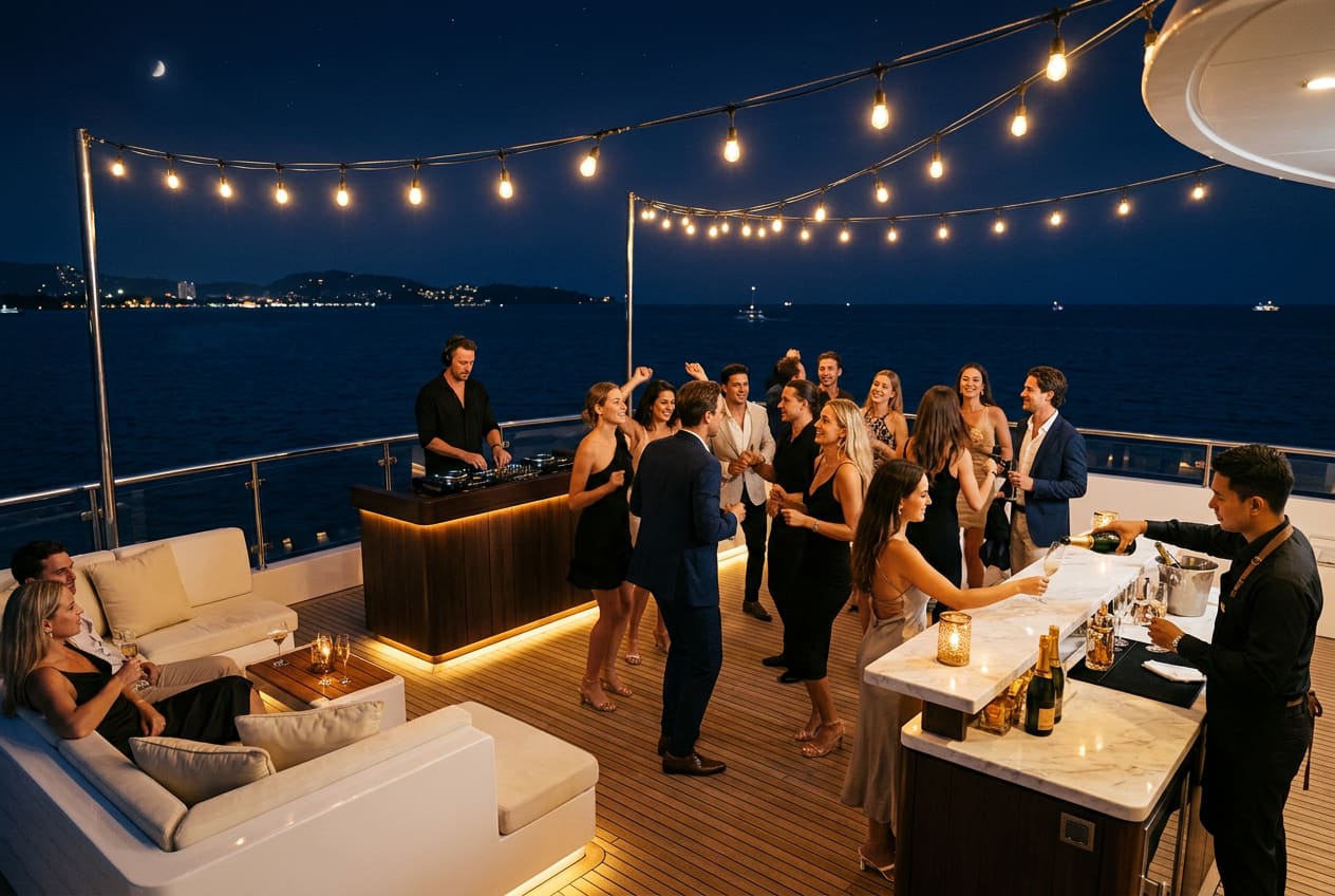 Yacht sundeck at night under a canopy of brass-finished string lights — DJ at a built-in booth, fifteen guests dancing in cocktail attire, bartender pouring champagne at a marble-topped bar.