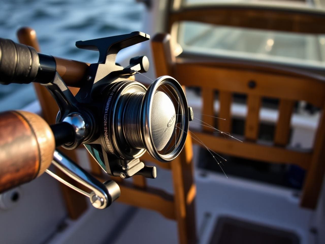 Close-up of a Penn International 80VSW big-game fishing reel mounted on a custom rod, line spooling out under heavy strike, weathered teak fighting chair in the background.