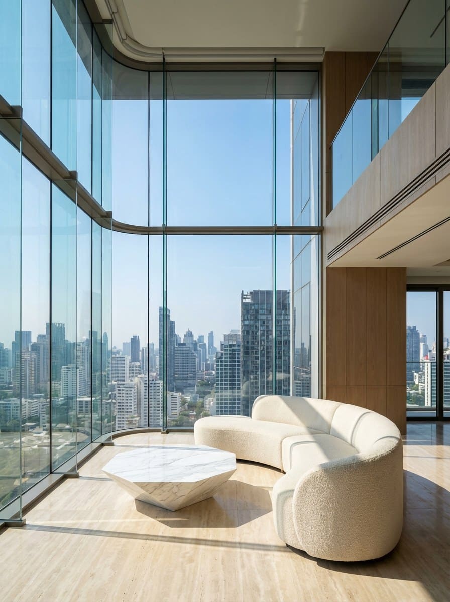 Floor-to-ceiling windows of a Sukhumvit penthouse over the full Bangkok skyline in bright daylight