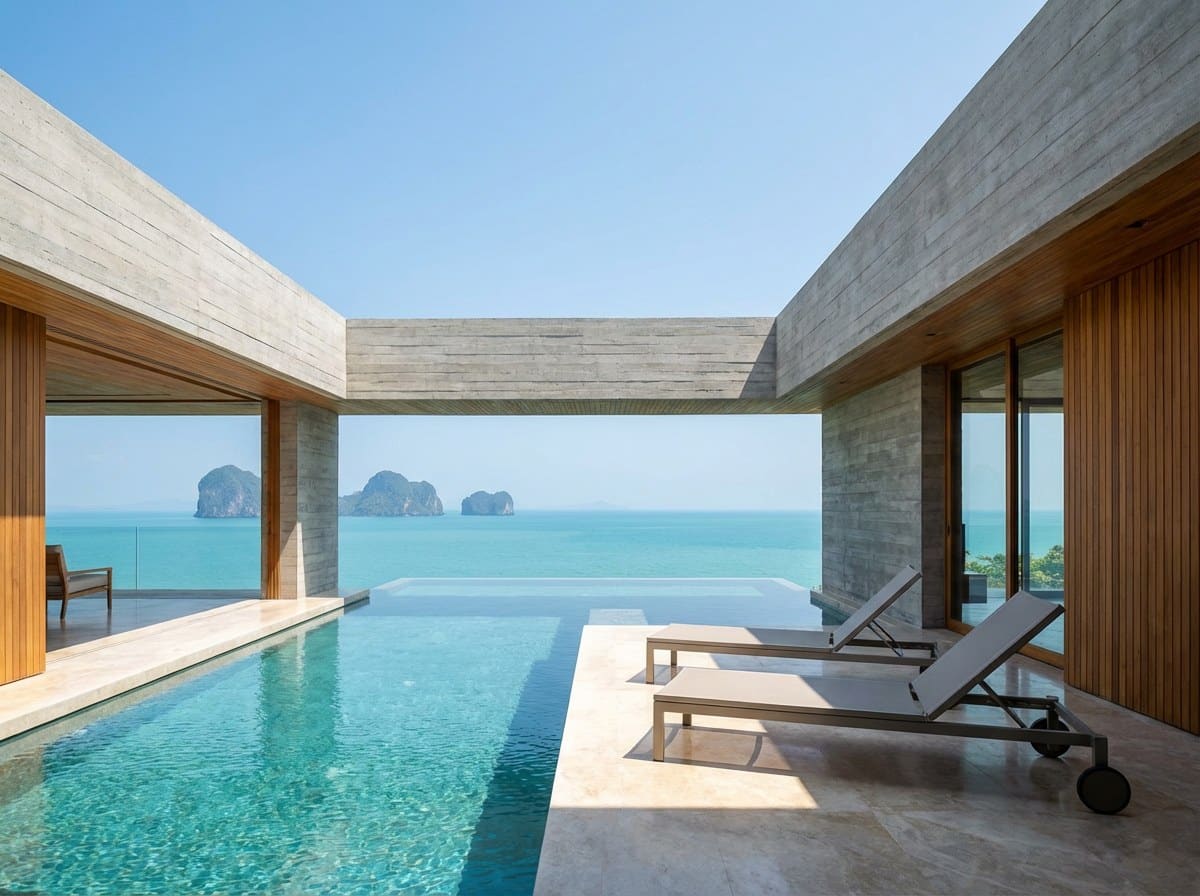Modern architectural cliff villa with an infinity pool spilling toward the Andaman in full sun