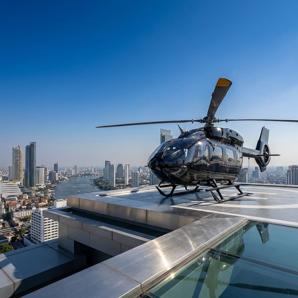 Black executive helicopter parked on a private rooftop helipad above the Bangkok skyline
