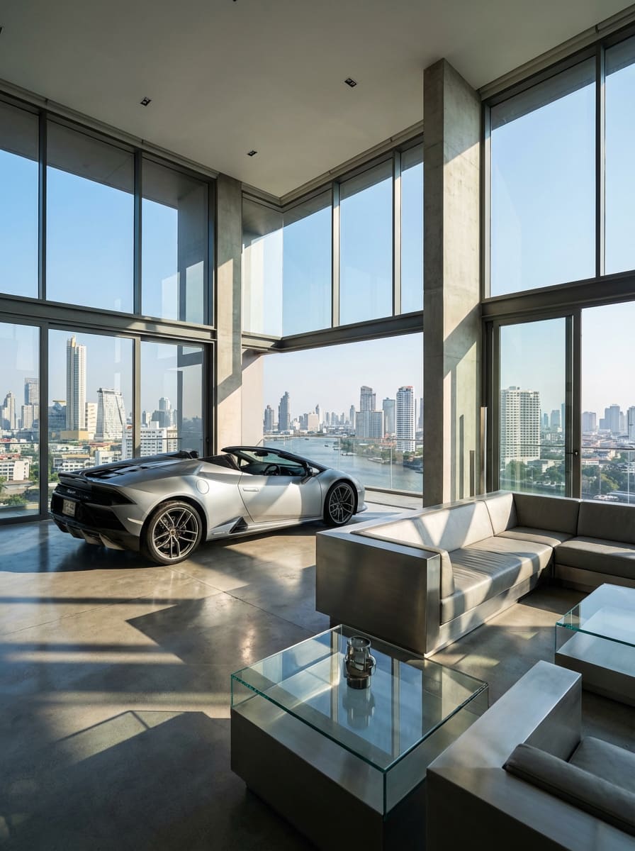 Silver Lamborghini Huracán parked inside a penthouse garage with the Bangkok skyline through floor-to-ceiling windows