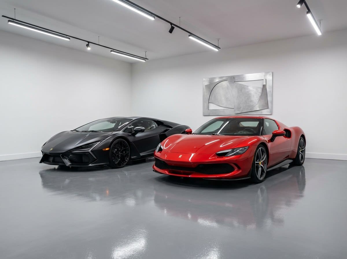 Matte-black Lamborghini and red Ferrari parked side by side in a private architectural garage
