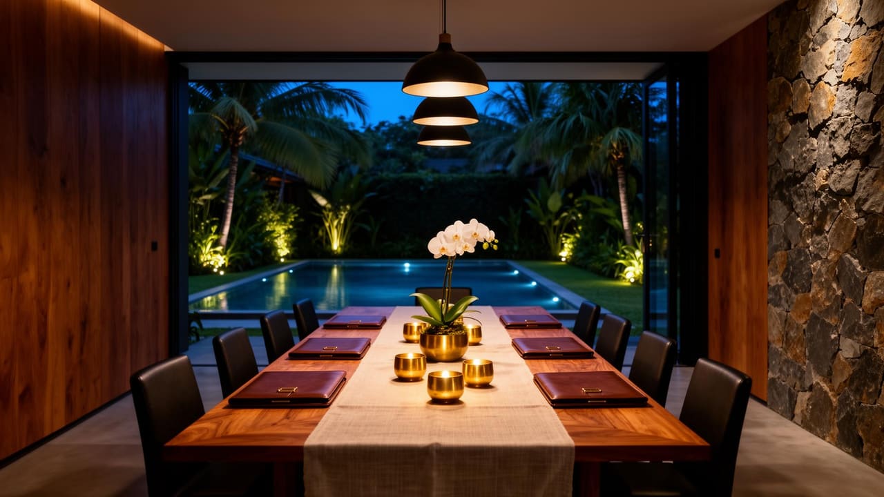 Private Bangkok villa configured as a working boardroom, set in quiet morning light with pool and tropical garden beyond