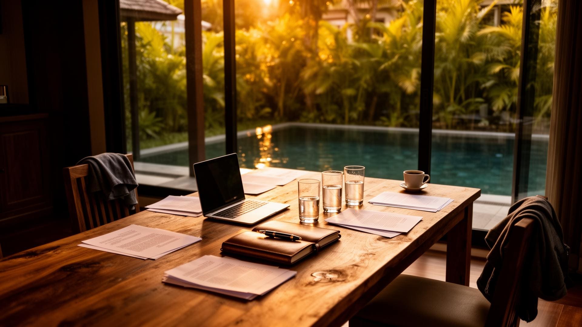 Working teak table inside a Bangkok pool villa with open laptop, papers and notebooks at golden hour