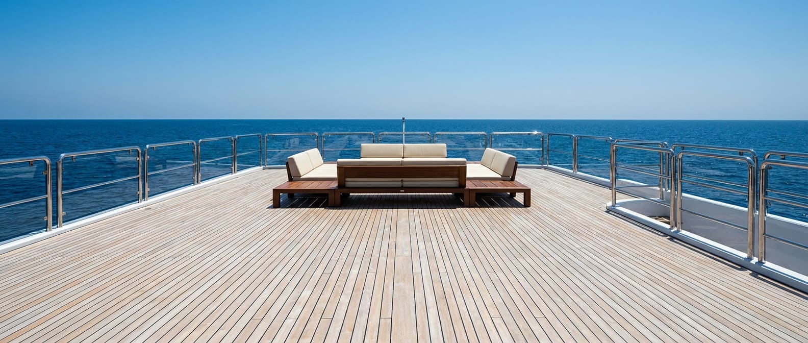 Lounge deck of a beachfront villa at golden hour, bar cart with chilled rosé, no people.