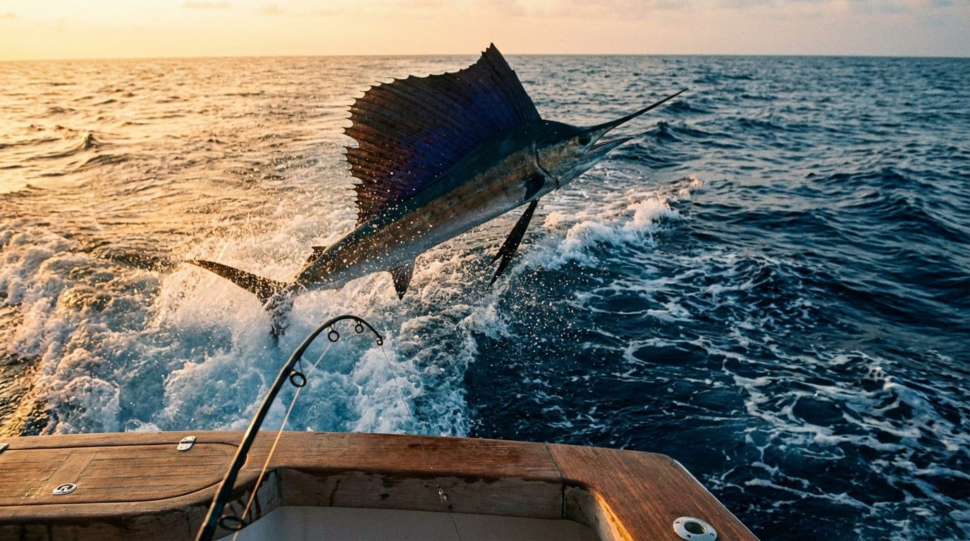 Editorial action photograph of a Pacific sailfish leaping clear of the Andaman Sea at sunrise, dorsal fin fanned and water spraying mid-arc, taut line and rod-tip visible from the deck of the sport fisher.