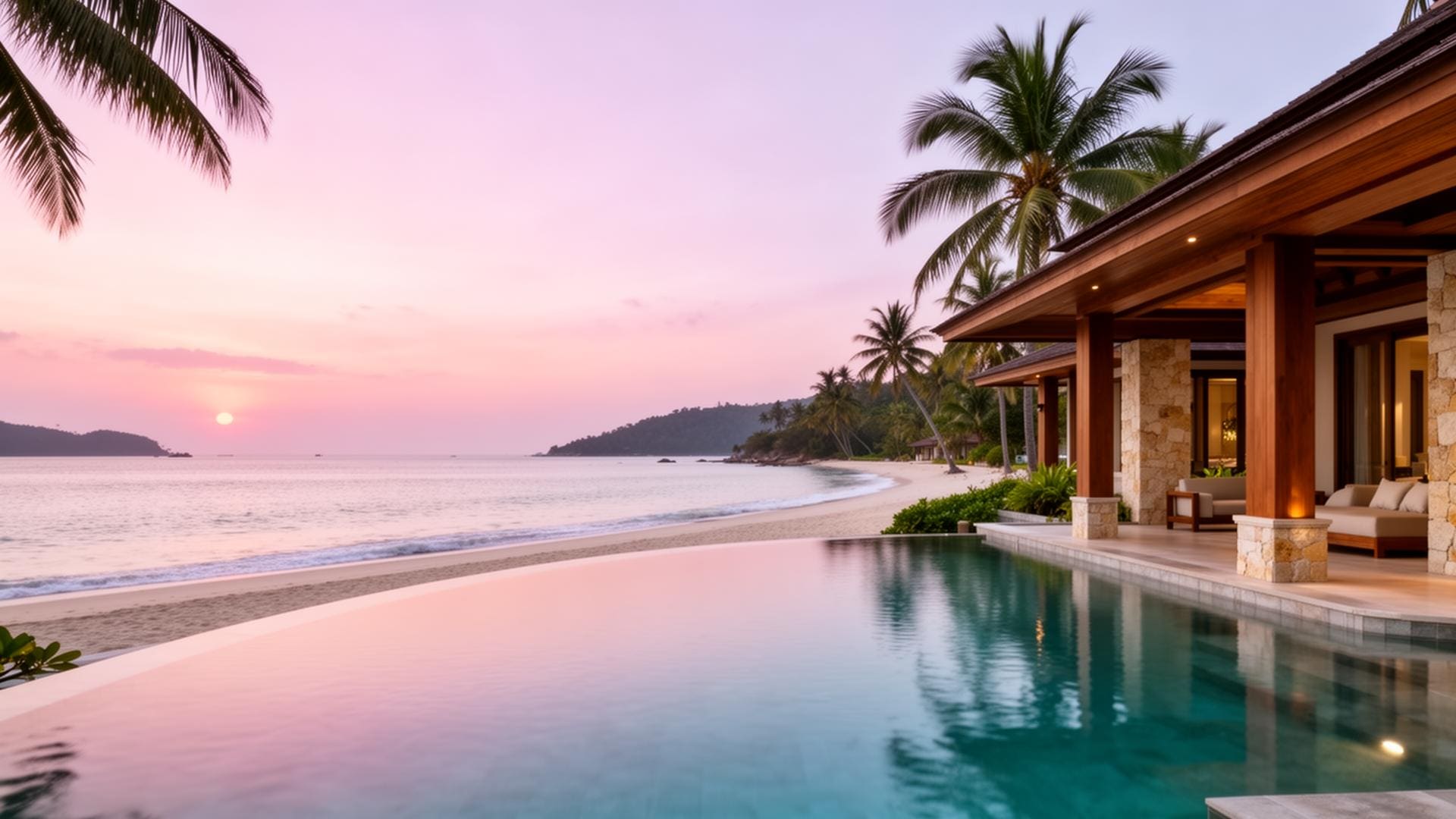Koh Samui beachfront villa at dawn with infinity pool meeting the calm Gulf of Thailand.