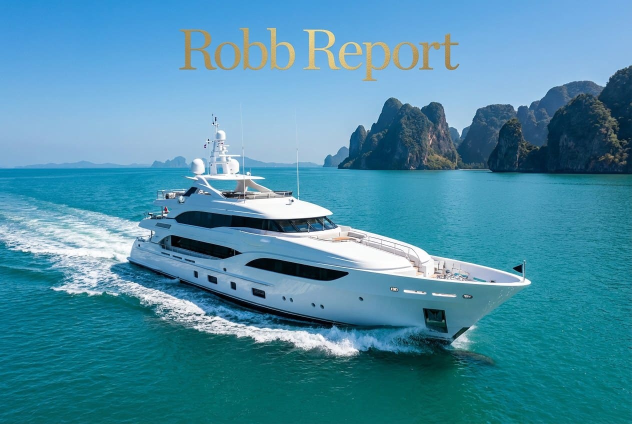 Sleek white superyacht cruising past limestone karsts in turquoise Andaman water under bright sun