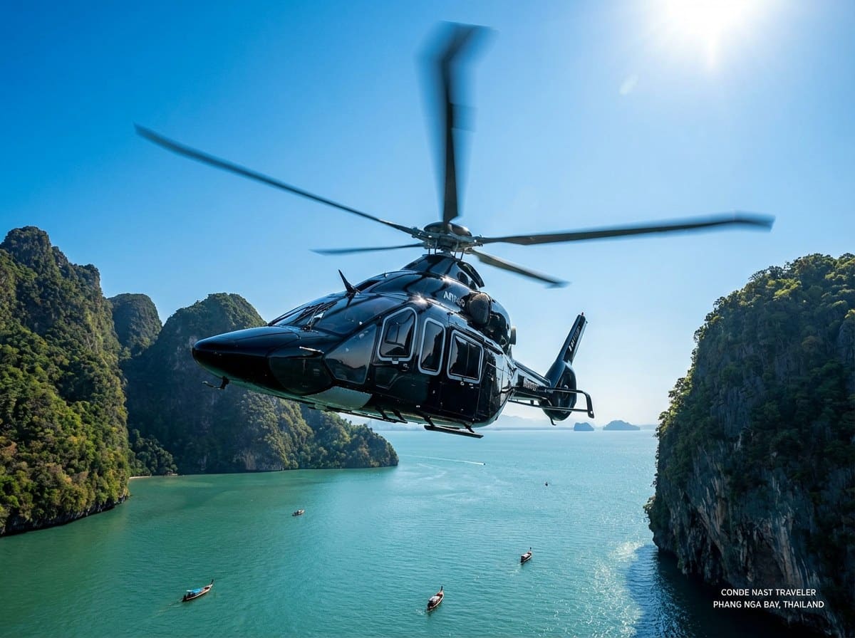 Black executive helicopter banking low over emerald Phang Nga Bay with limestone islands below
