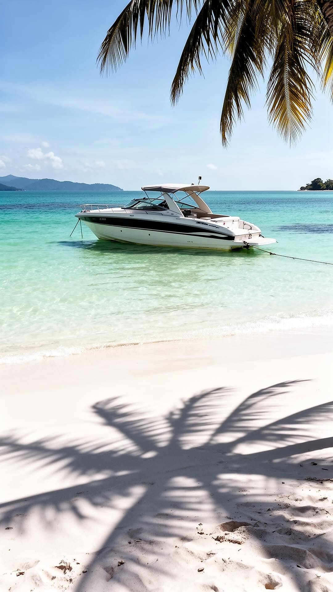 Polished black-hull luxury speedboat anchored on a deserted white-sand beach in midday sun