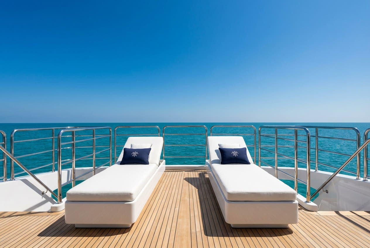 Teak aft deck of a megayacht with sun loungers and a chilled champagne bucket in full daylight