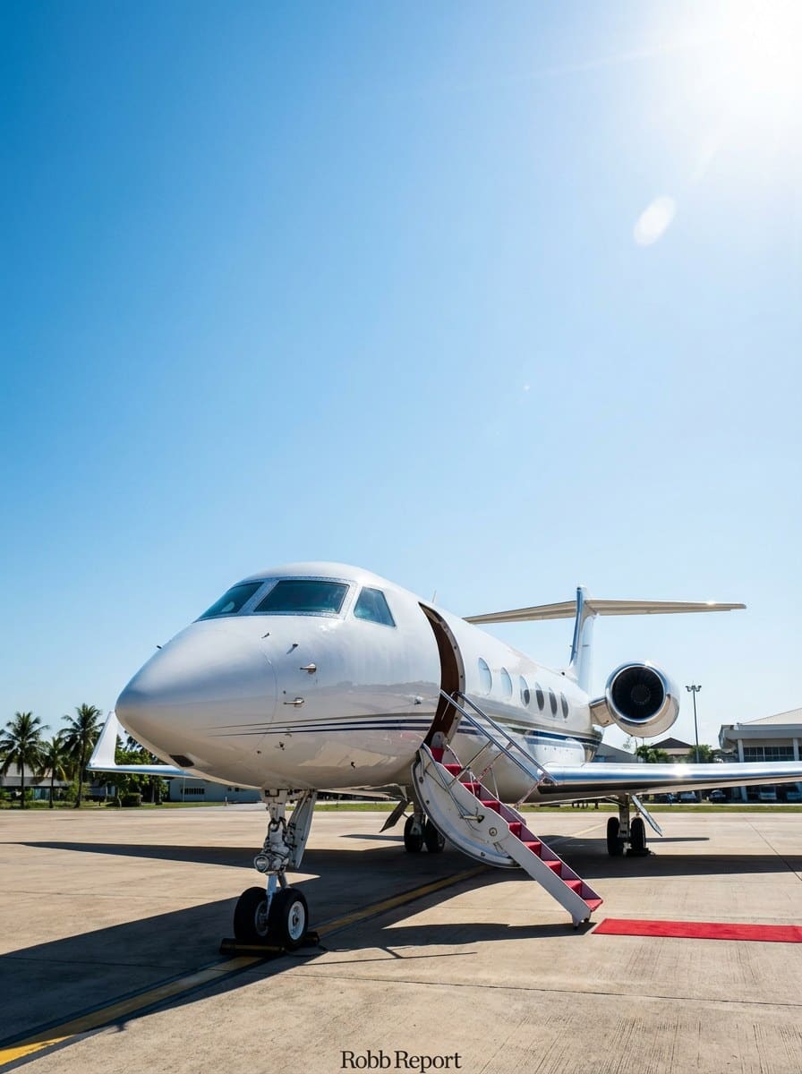 Gleaming Gulfstream-class private jet on the apron with a red carpet rolled to the airstairs