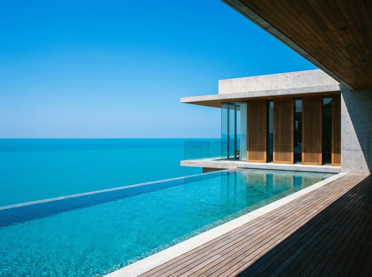 Modern architectural villa cantilevered over an infinity pool with the Andaman stretching to the horizon