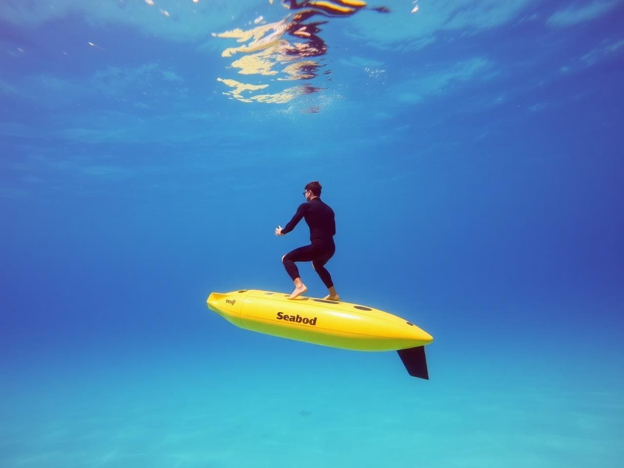 A yellow Seabob underwater jet propulsion device skimming just below the surface of crystal-clear turquoise water with a single rider in a black wetsuit holding on, viewed from above and slightly behind.